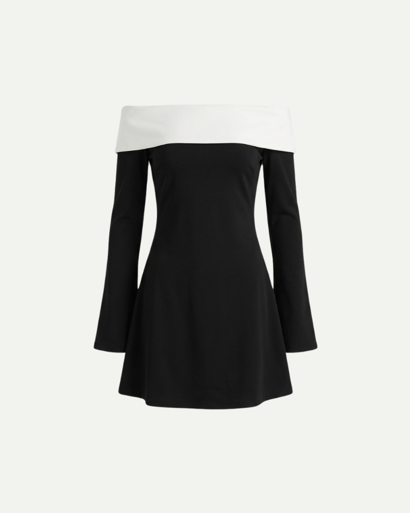 Women's Fitted Two-Tone Mini Dress with Off-Shoulder Neckline