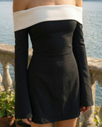 Women's Fitted Two-Tone Mini Dress with Off-Shoulder Neckline