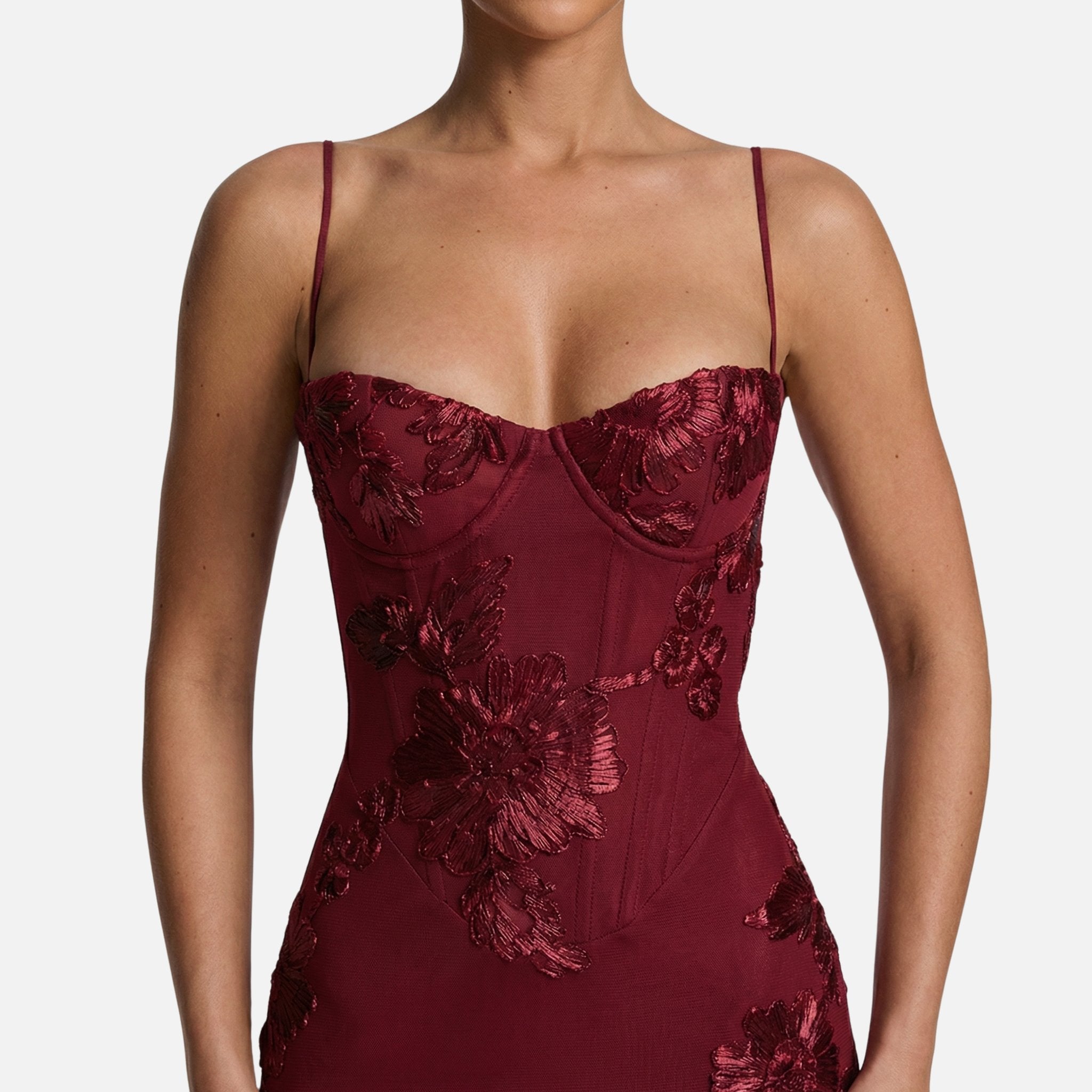 Women's Fitted Satin Maxi Dress with Corset Bodice