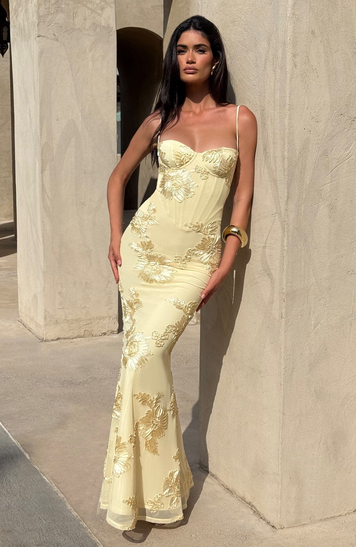 Women's Fitted Satin Maxi Dress with Corset Bodice