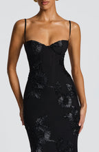 Women's Fitted Satin Maxi Dress with Corset Bodice