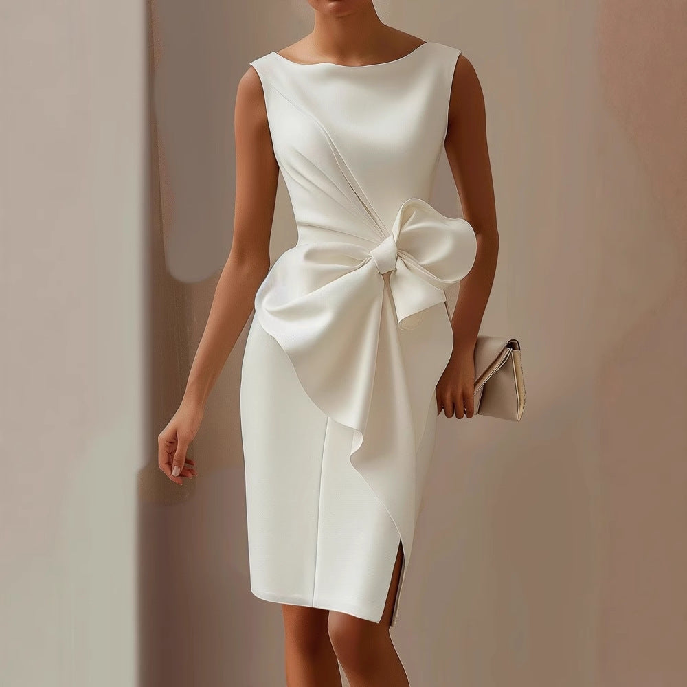 Women's Fitted Satin Midi Dress with Side Bow Detail