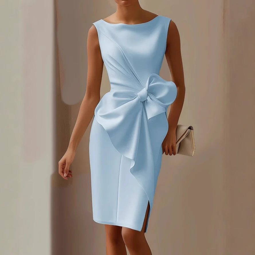 Women's Fitted Satin Midi Dress with Side Bow Detail