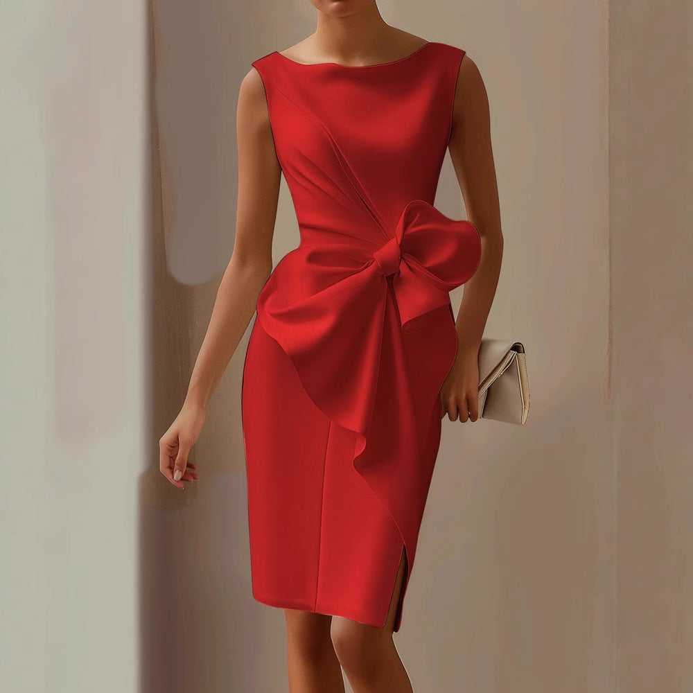 Women's Fitted Satin Midi Dress with Side Bow Detail