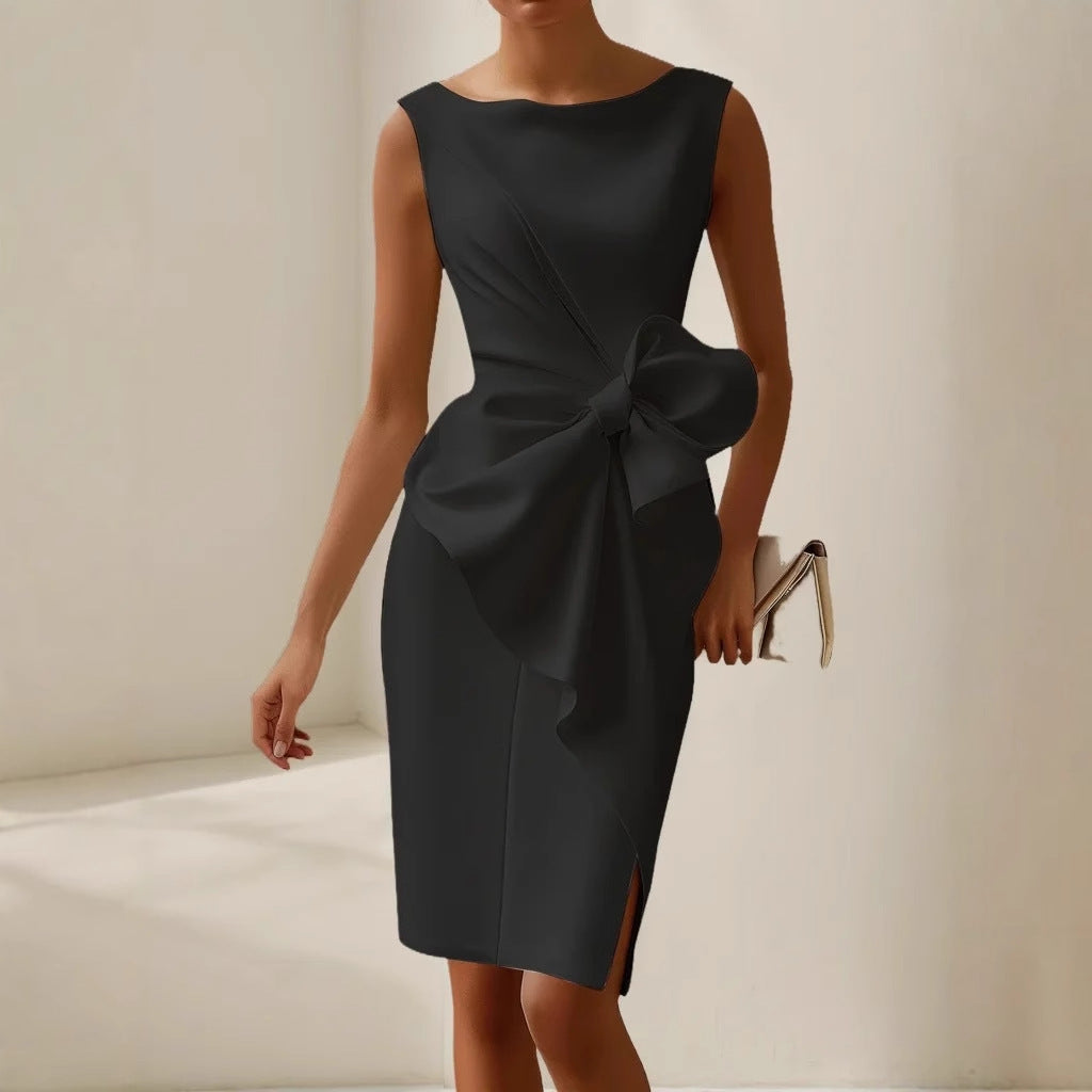 Women's Fitted Satin Midi Dress with Side Bow Detail