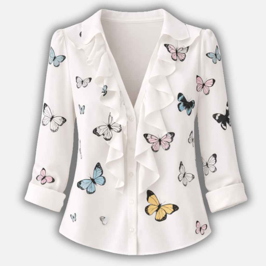 Women's Floral Ruffled V-Neck Blouse with Long Sleeves