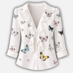 Women's Floral Ruffled V-Neck Blouse with Long Sleeves