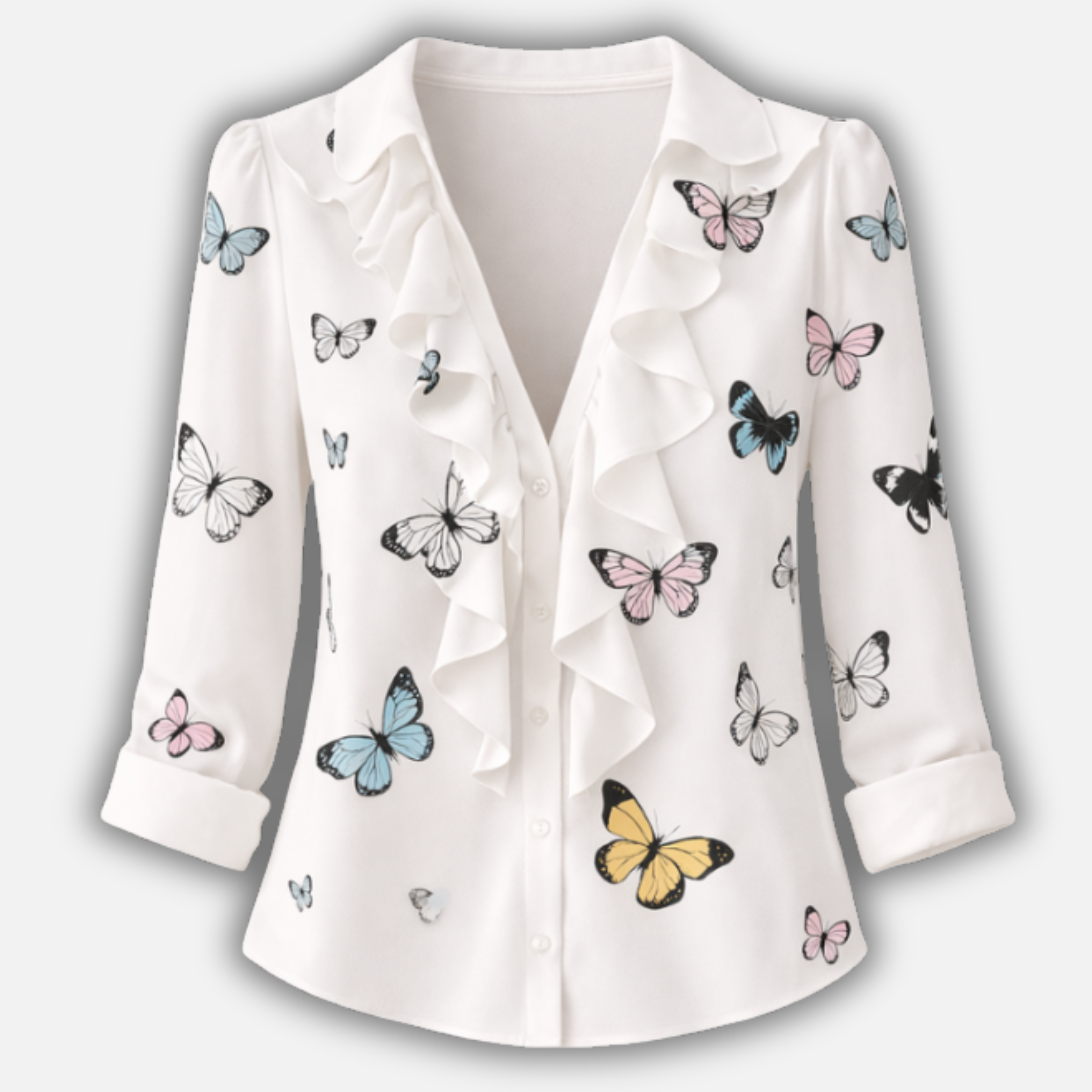Women's Floral Ruffled V-Neck Blouse with Long Sleeves