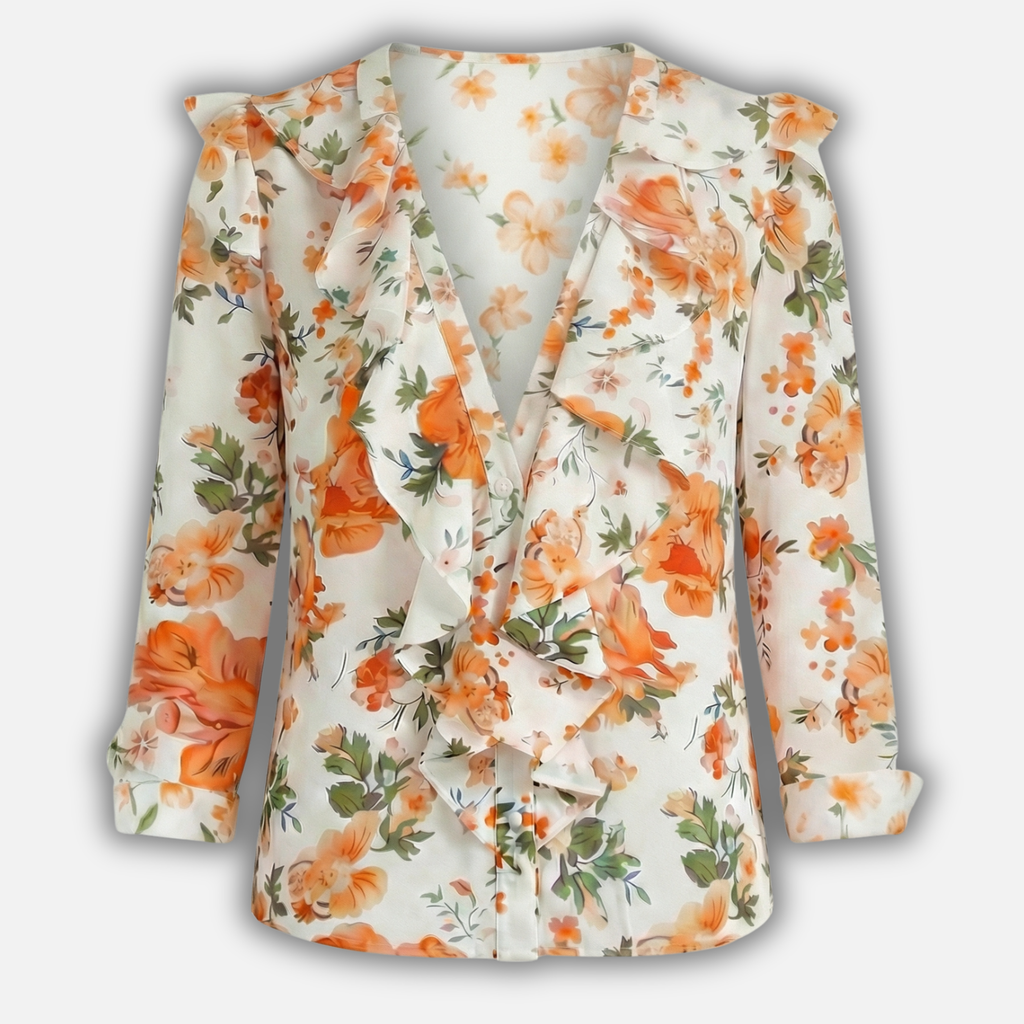 Women's Floral Ruffled V-Neck Blouse with Long Sleeves