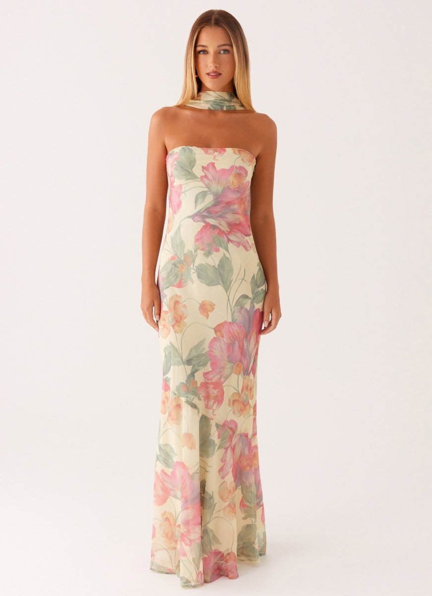 Women's Floral Chiffon Maxi Dress with Square Neck and Draped Shoulders