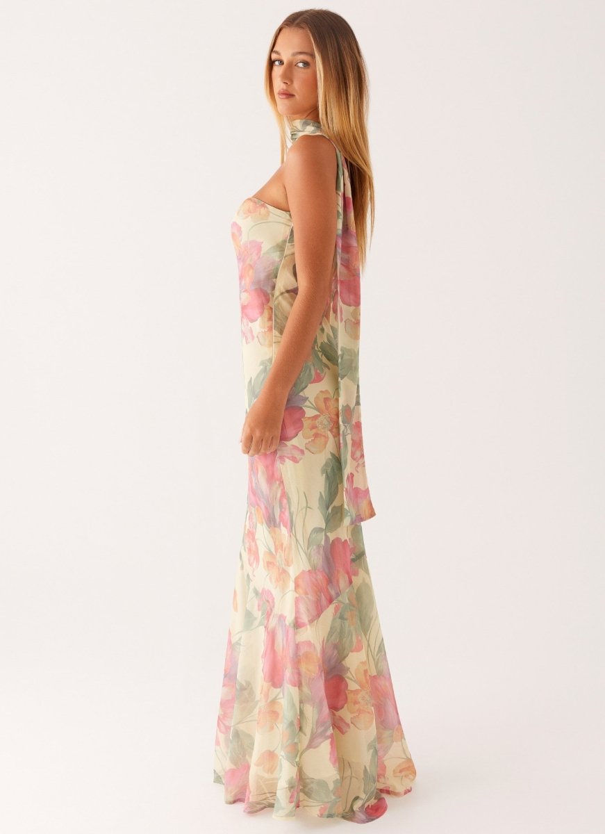 Women's Floral Chiffon Maxi Dress with Square Neck and Draped Shoulders