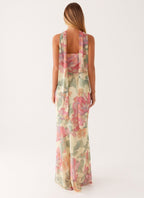 Women's Floral Chiffon Maxi Dress with Square Neck and Draped Shoulders