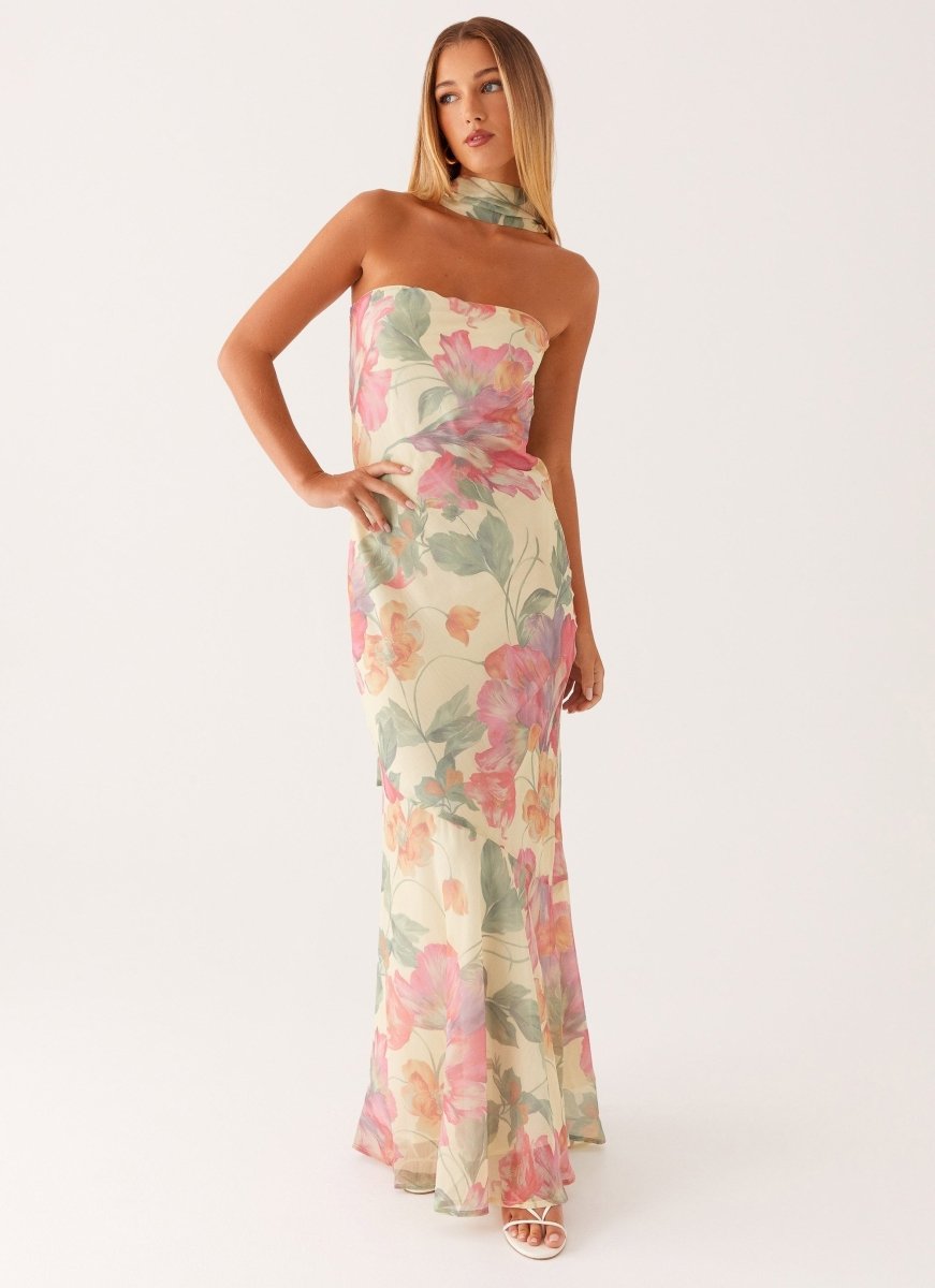 Women's Floral Chiffon Maxi Dress with Square Neck and Draped Shoulders