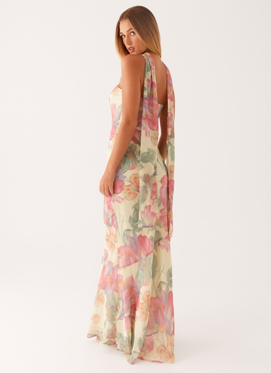 Women's Floral Chiffon Maxi Dress with Square Neck and Draped Shoulders