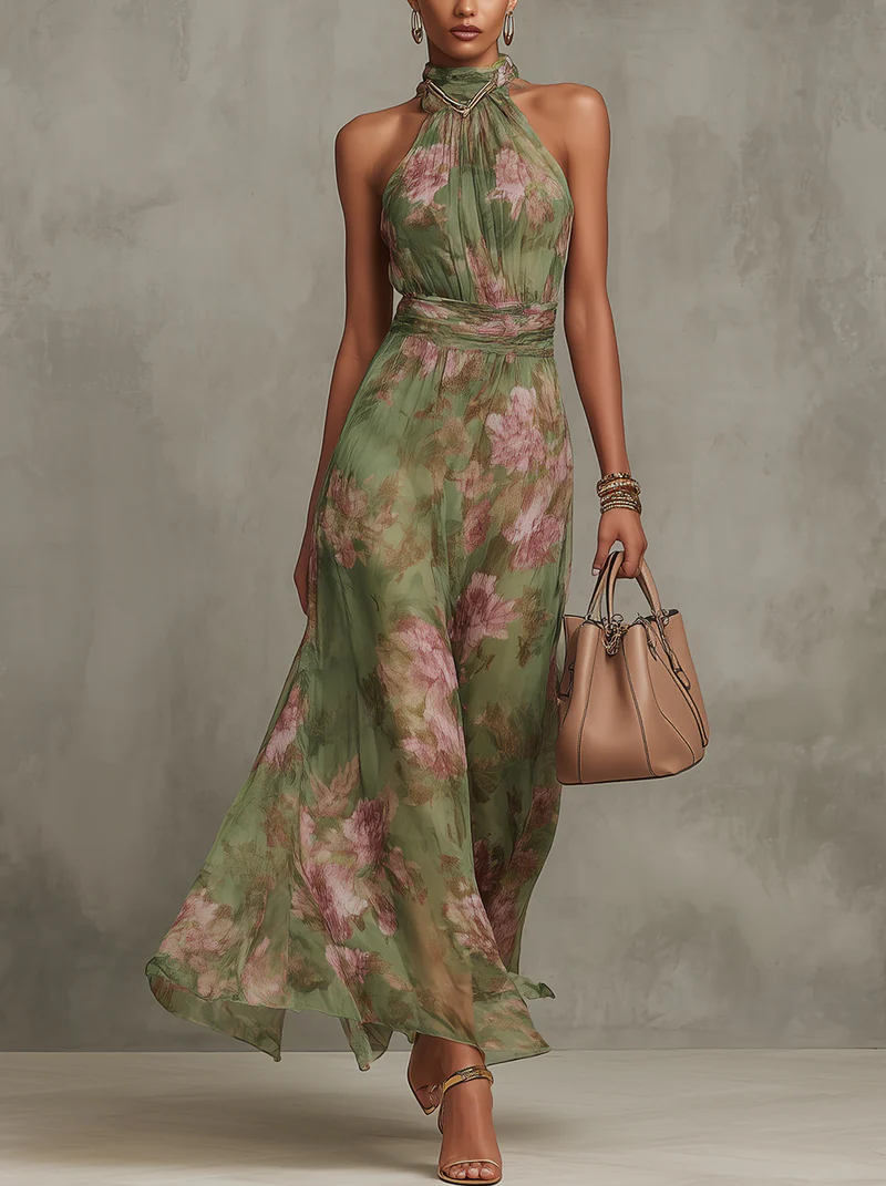 Women's Floral Chiffon Maxi Dress with Halter Neck