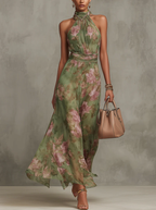 Women's Floral Chiffon Maxi Dress with Halter Neck