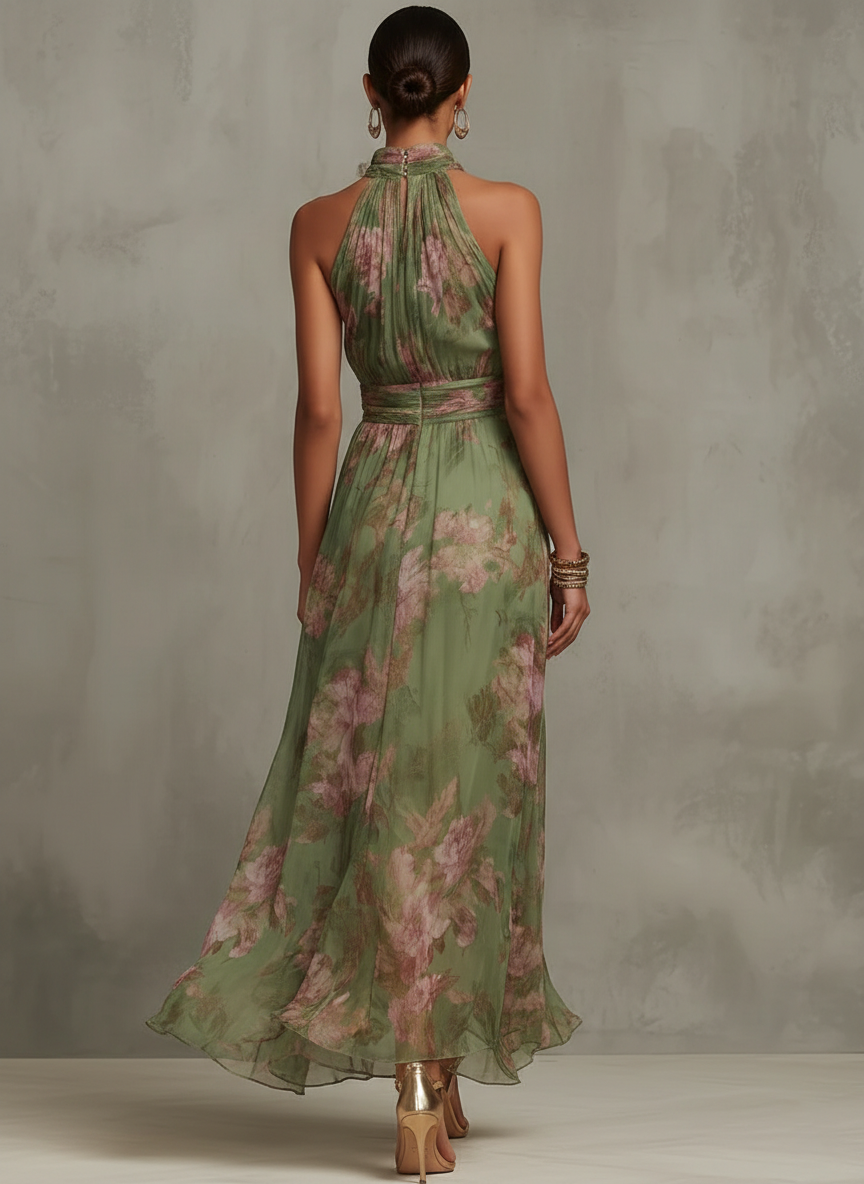 Women's Floral Chiffon Maxi Dress with Halter Neck