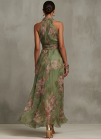Women's Floral Chiffon Maxi Dress with Halter Neck