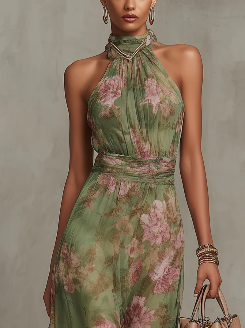 Women's Floral Chiffon Maxi Dress with Halter Neck