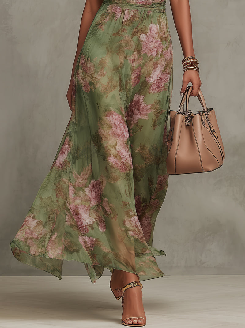 Women's Floral Chiffon Maxi Dress with Halter Neck