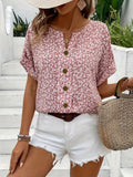 Women's Floral Linen Blouse with V-Neck and Button Front