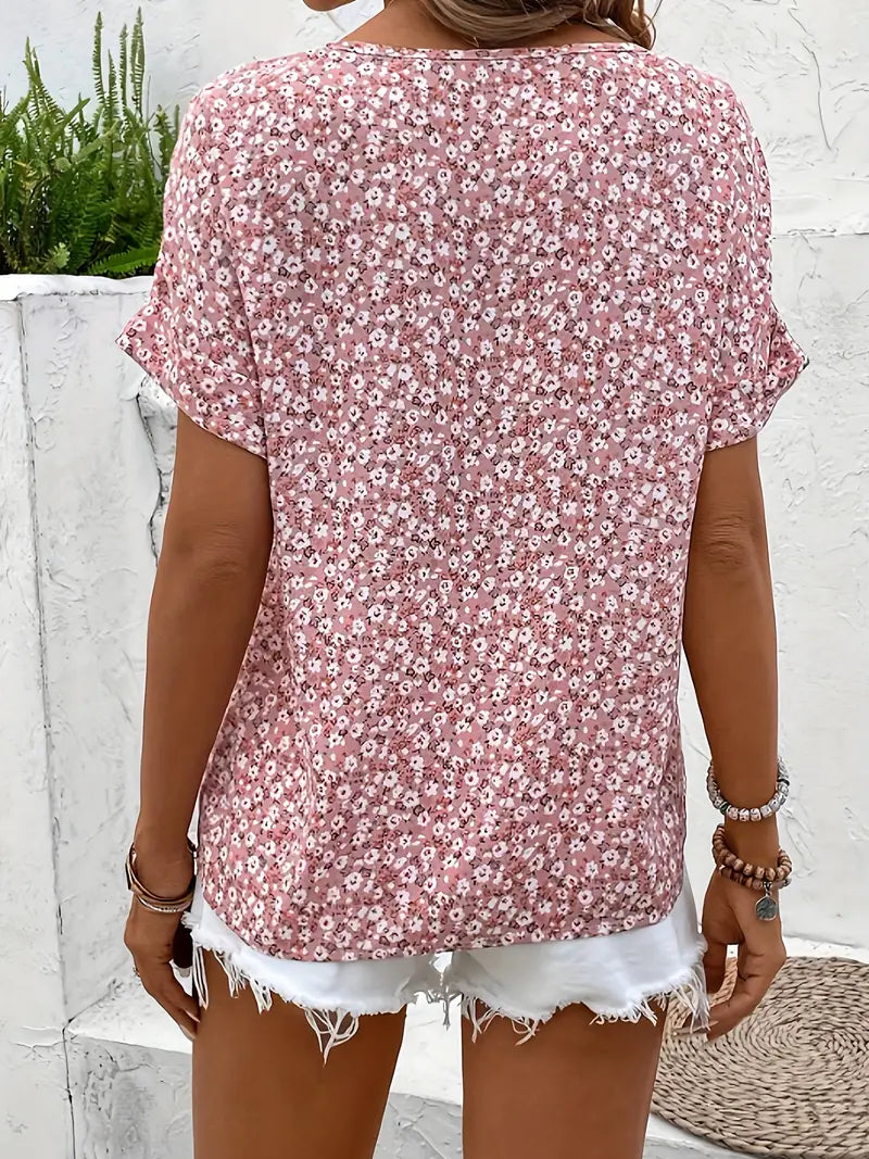 Women's Floral Linen Blouse with V-Neck and Button Front