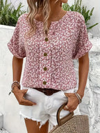 Women's Floral Linen Blouse with V-Neck and Button Front