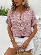 Women's Floral Linen Blouse with V-Neck and Button Front