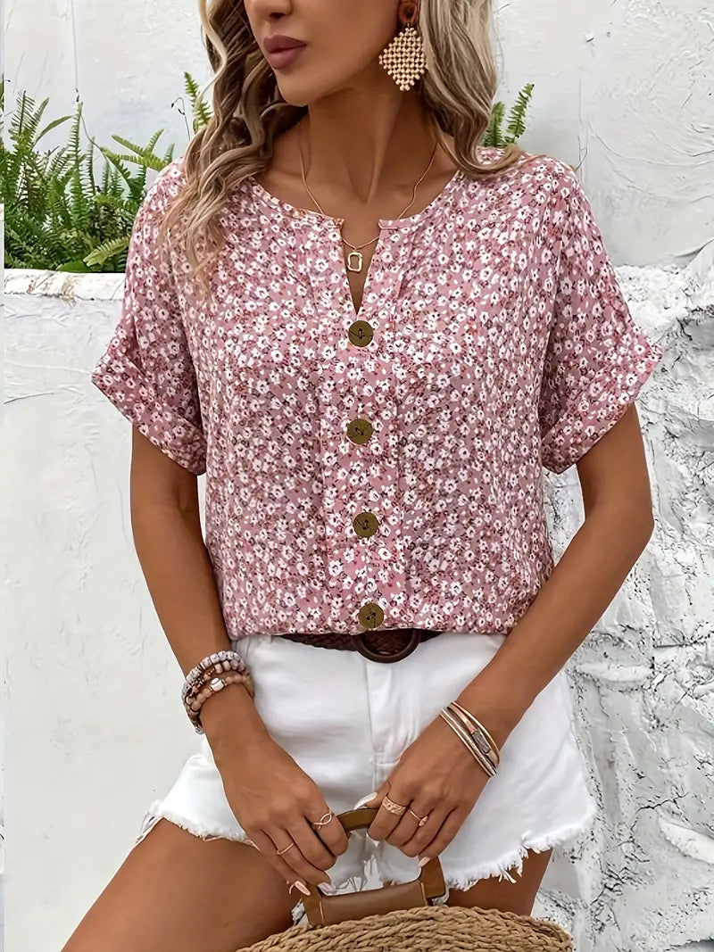 Women's Floral Linen Blouse with V-Neck and Button Front