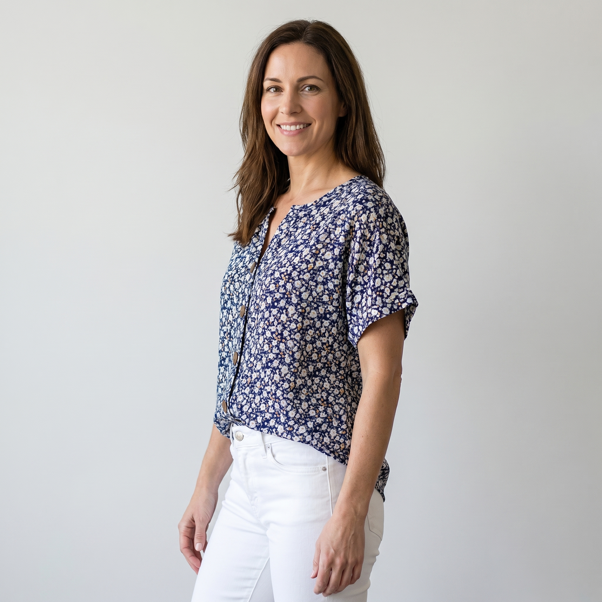 Women's Floral Linen Blouse with V-Neck and Button Front