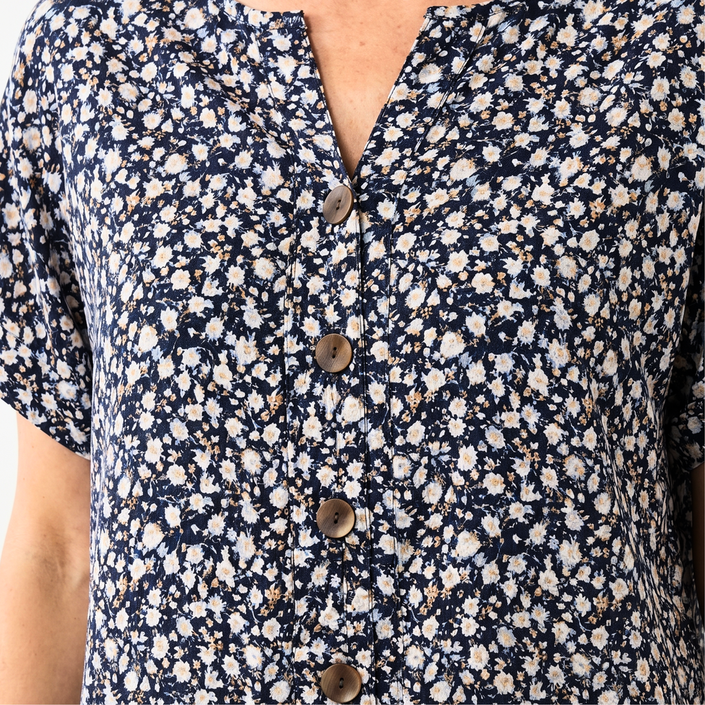 Women's Floral Linen Blouse with V-Neck and Button Front