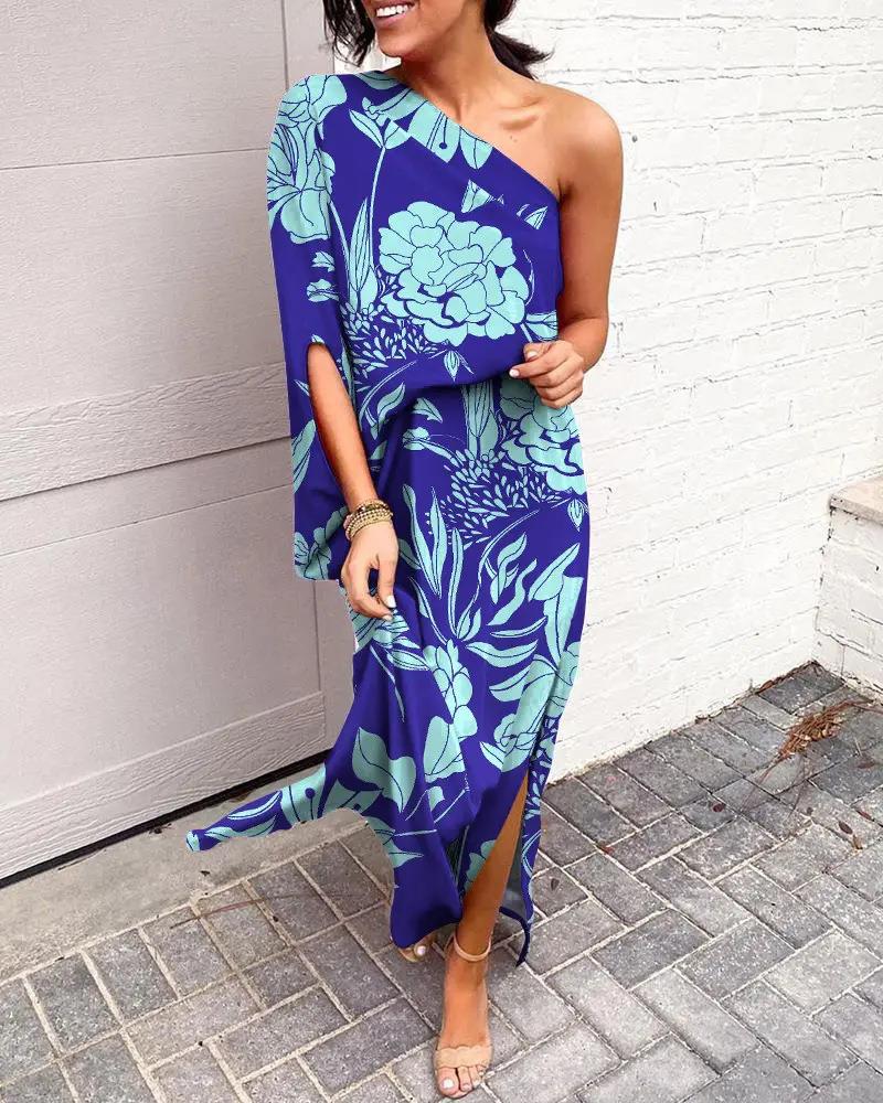 Women's Floral One-Shoulder Maxi Dress with Side Slit