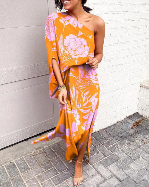 Women's Floral One-Shoulder Maxi Dress with Side Slit