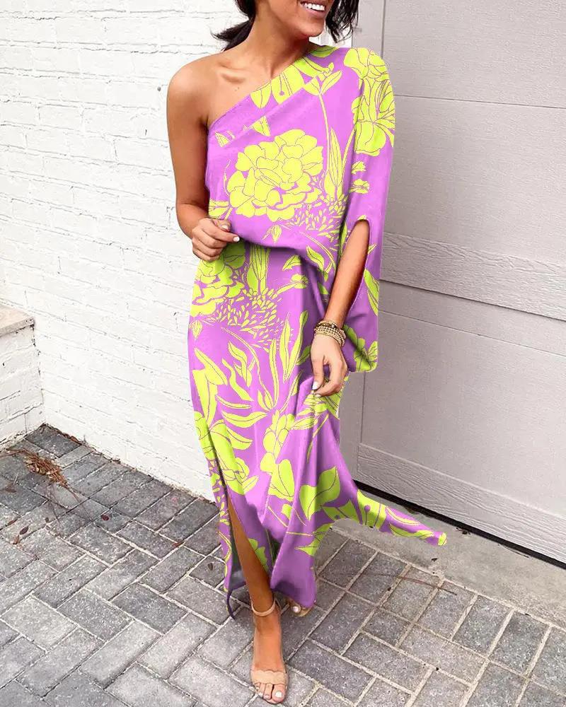 Women's Floral One-Shoulder Maxi Dress with Side Slit
