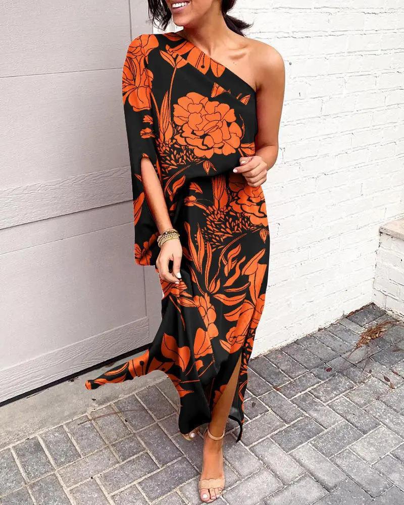 Women's Floral One-Shoulder Maxi Dress with Side Slit