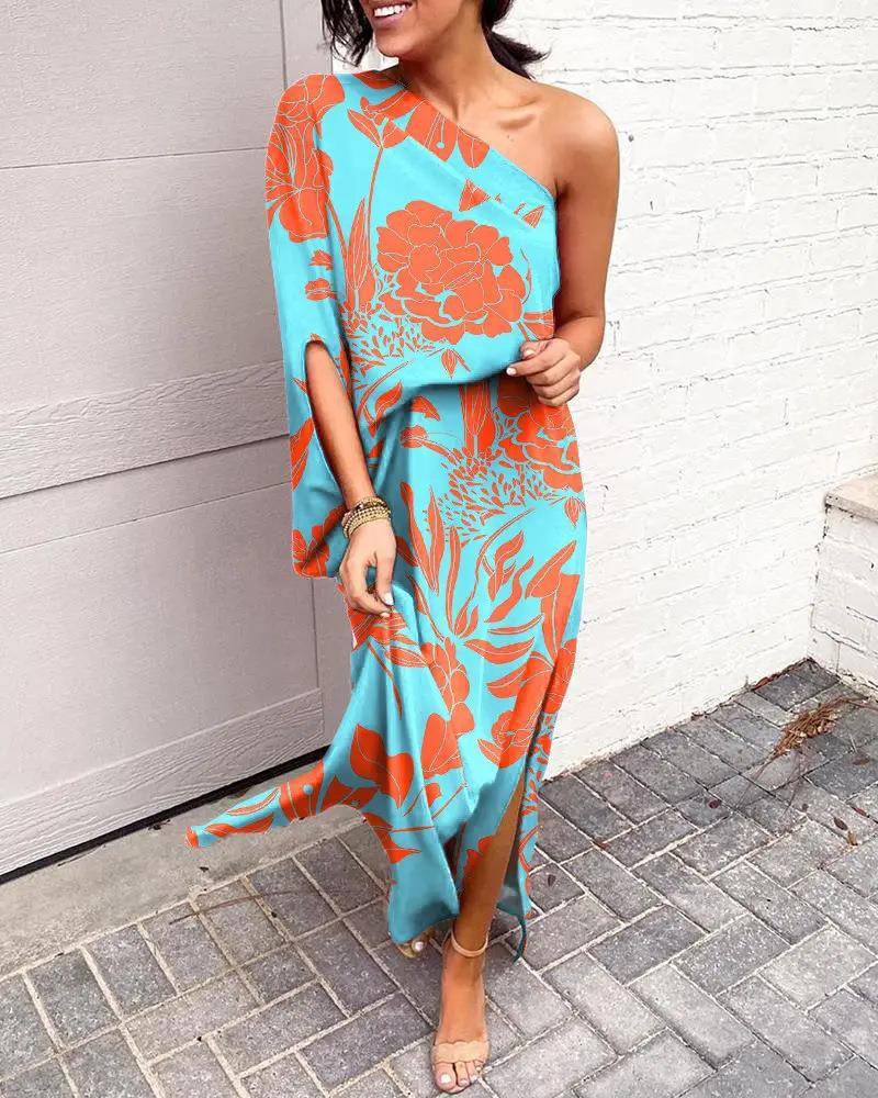 Women's Floral One-Shoulder Maxi Dress with Side Slit
