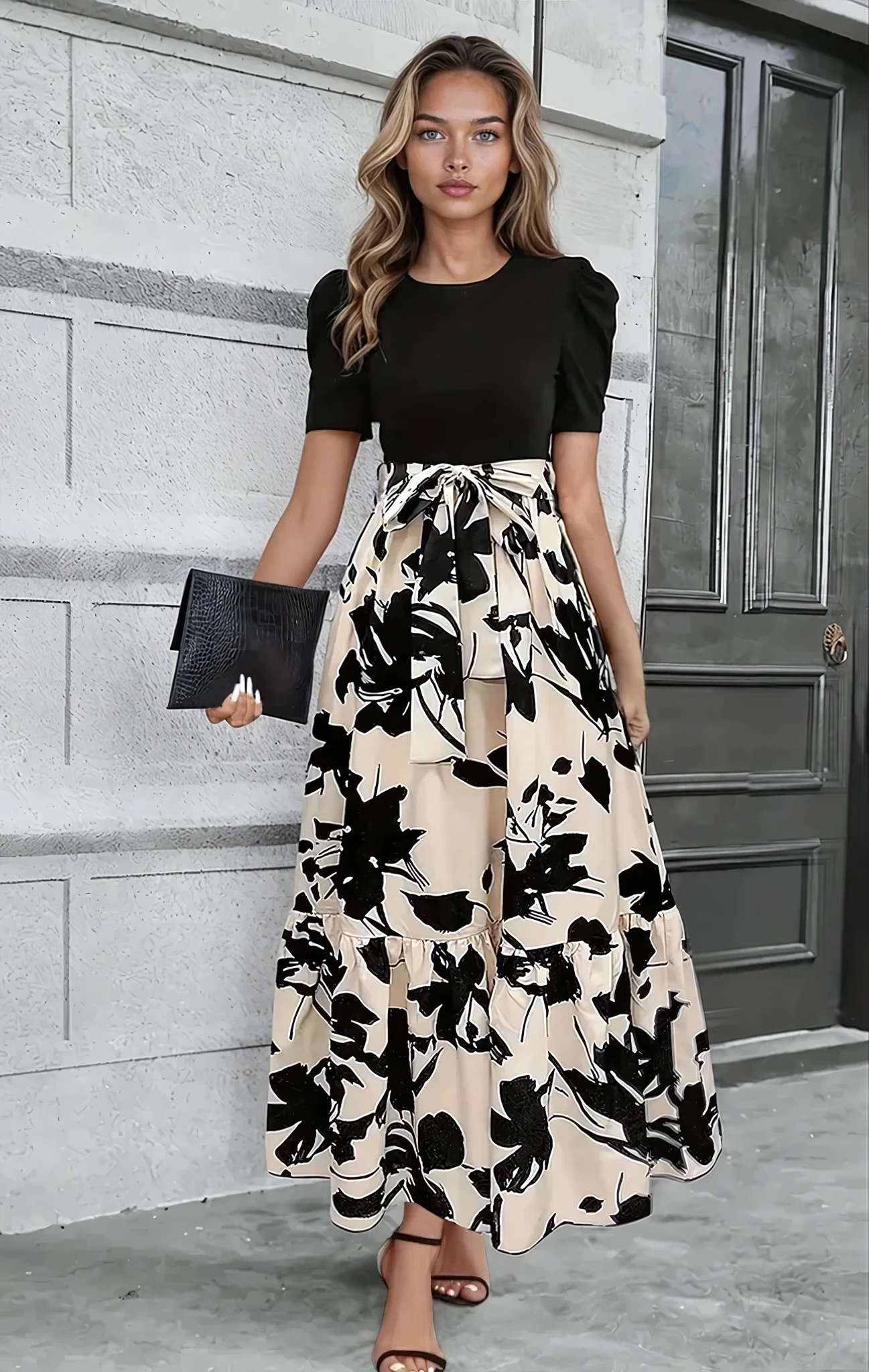 Women's Floral Maxi Dress with Puff Sleeves