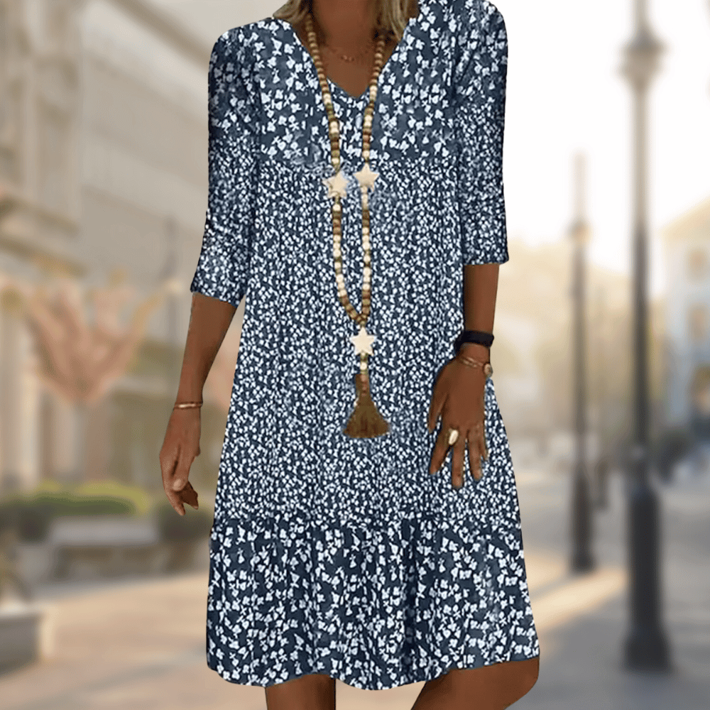 Women's Floral Midi Dress with V-Neck and 3/4 Sleeves