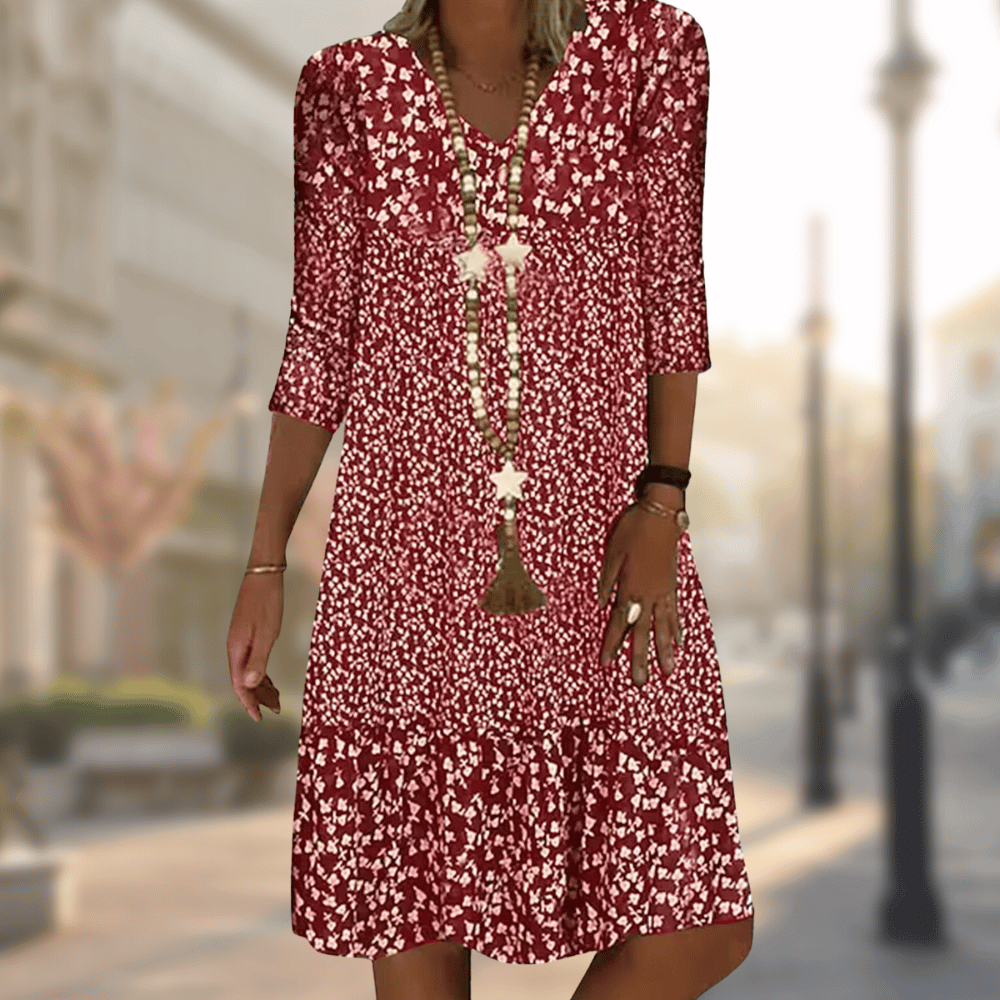 Women's Floral Midi Dress with V-Neck and 3/4 Sleeves