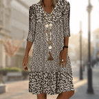 Women's Floral Midi Dress with V-Neck and 3/4 Sleeves