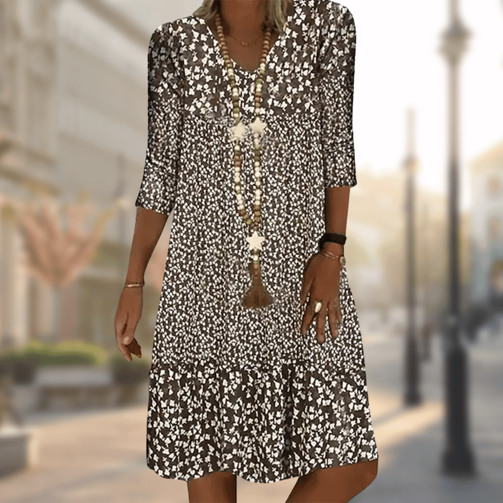 Women's Floral Midi Dress with V-Neck and 3/4 Sleeves