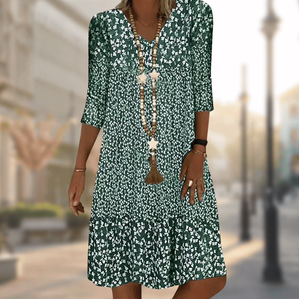 Women's Floral Midi Dress with V-Neck and 3/4 Sleeves