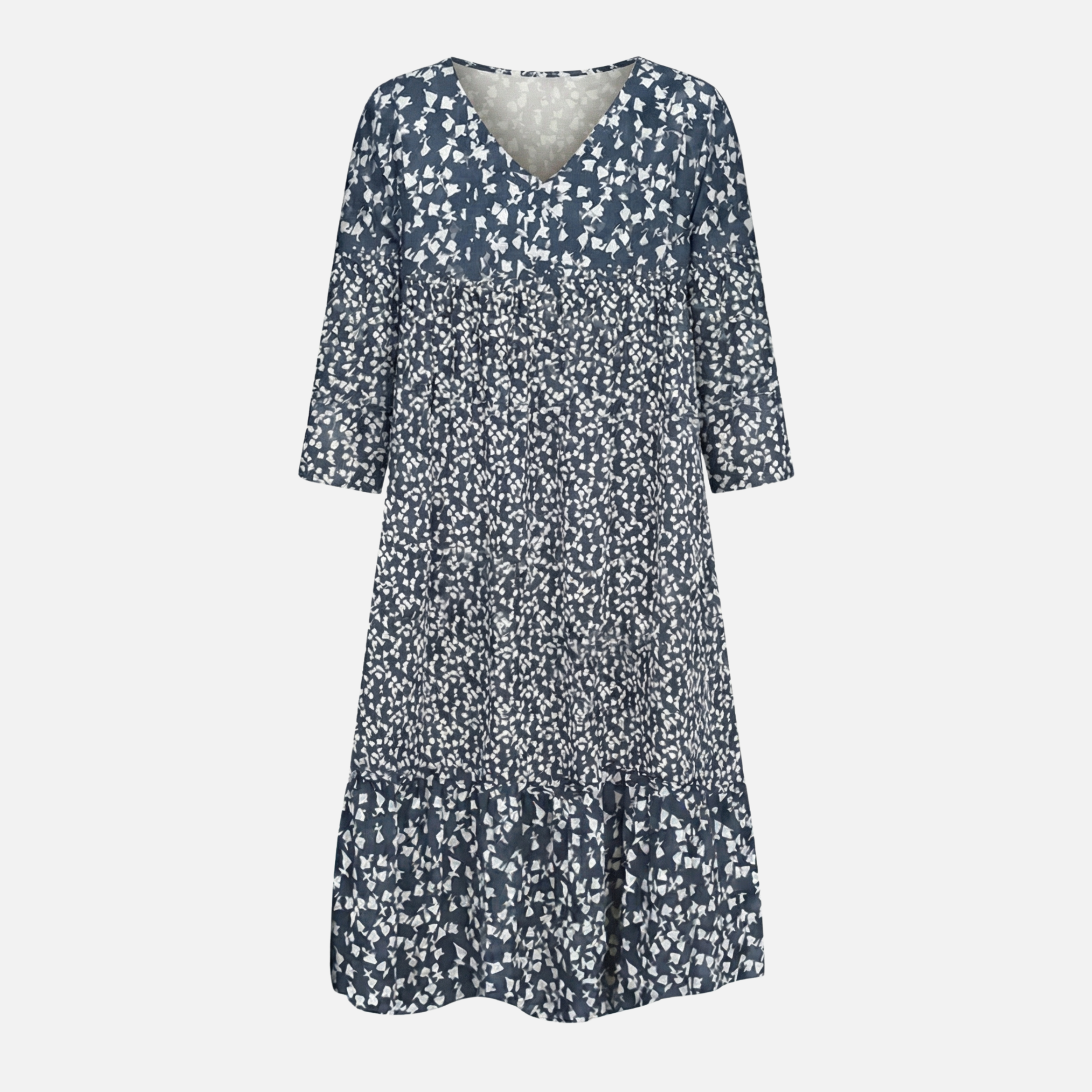 Women's Floral Midi Dress with V-Neck and 3/4 Sleeves