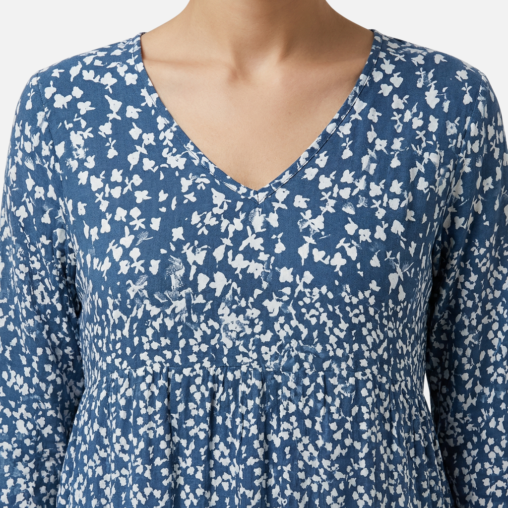 Women's Floral Midi Dress with V-Neck and 3/4 Sleeves
