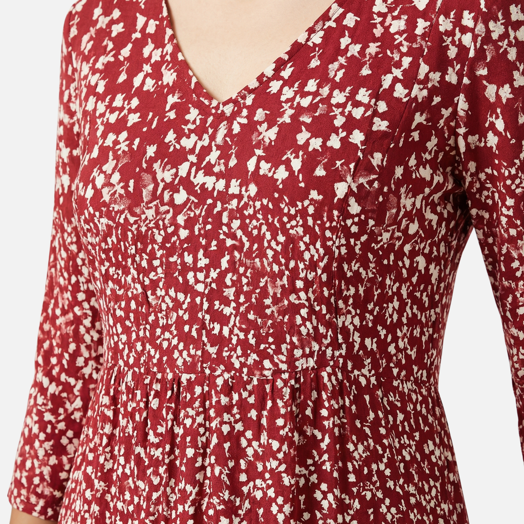 Women's Floral Midi Dress with V-Neck and 3/4 Sleeves