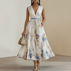 Women's Floral Maxi Dress with Deep V-Neck