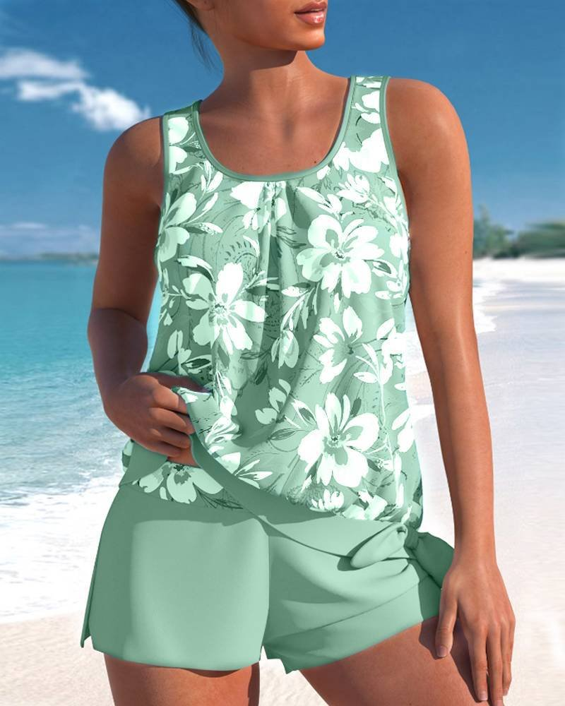 Women's Floral Tankini Swimwear with Side-Tie Top