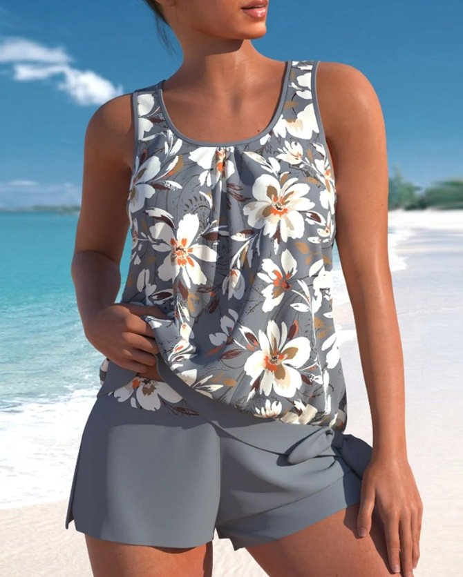 Women's Floral Tankini Swimwear with Side-Tie Top