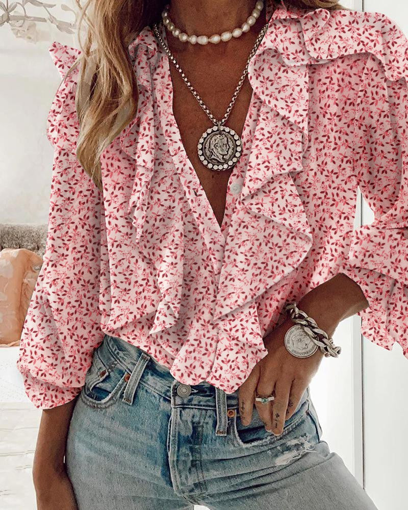 Women's Floral Ruffled V-Neck Blouse with Long Sleeves