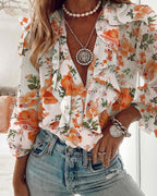 Women's Floral Ruffled V-Neck Blouse with Long Sleeves